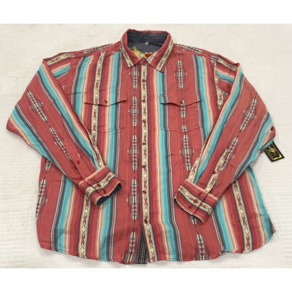 Scully Pearl Snap Western Shirt Long Sleeve Southwest Aztec Print Pink Blue XL